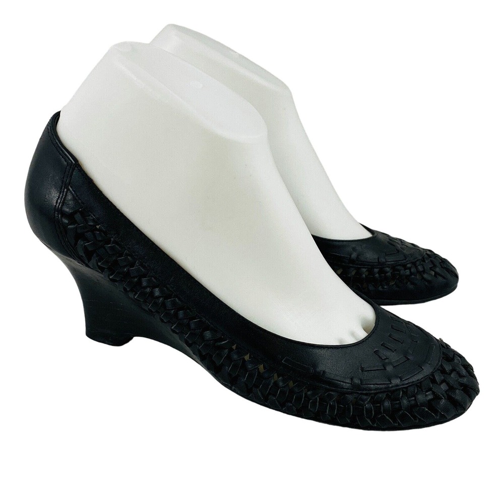 Womens 37 US 6-6.5 Bos & Co. Starlet Pumps Black Woven‎ Leather Wedge Heel Shoes